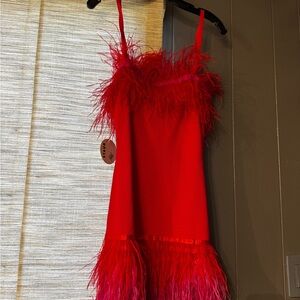 STAUD Vibrant Red Feather-Embellished Dress